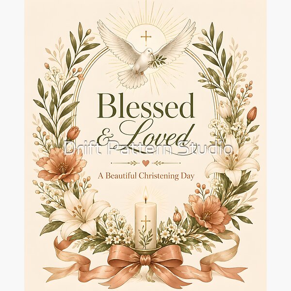 Blessed and Loved — Christening Day Floral Keepsake — celebration and special occasion gift design by Drift Pattern Studio