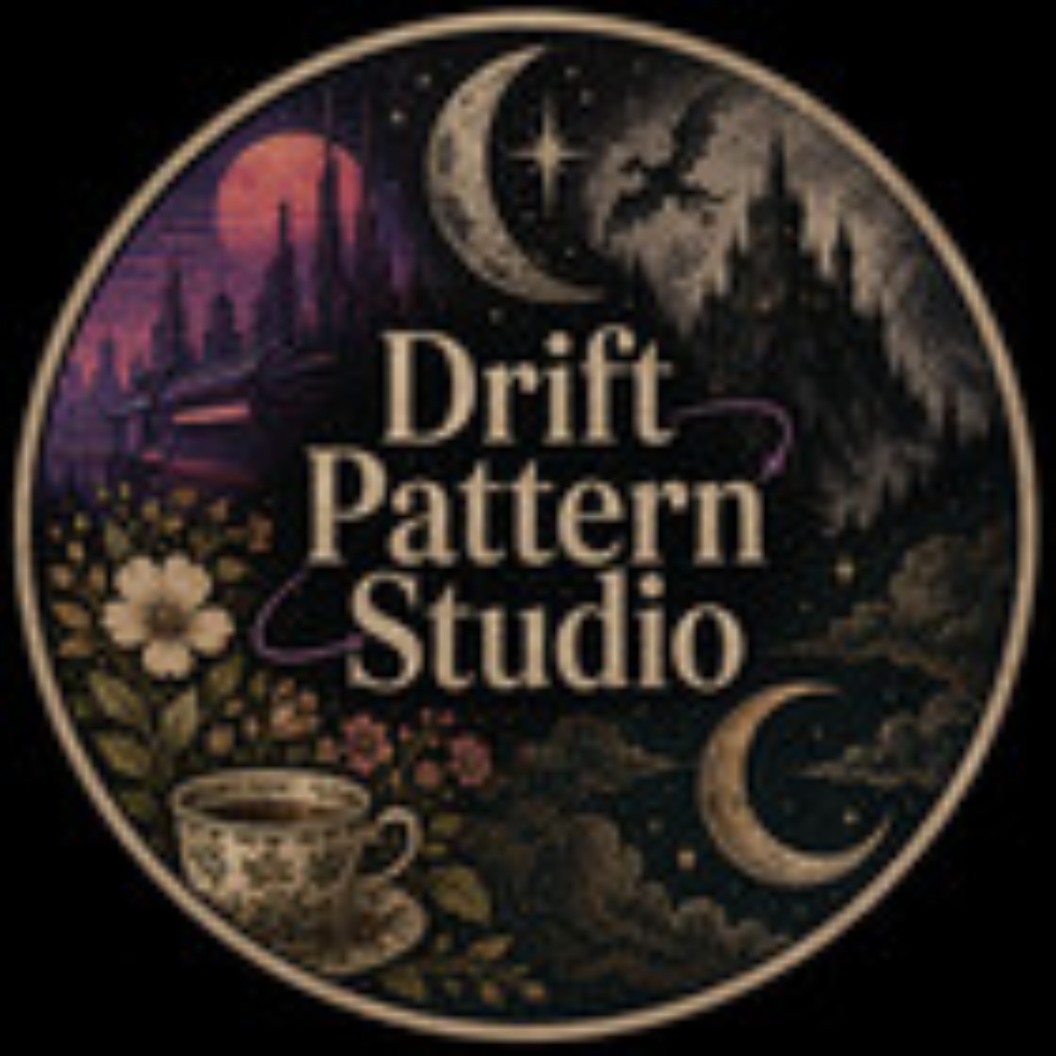 Drift Pattern Studio emblem: a moonlit forest, teacup and wildflowers inside a gold circle