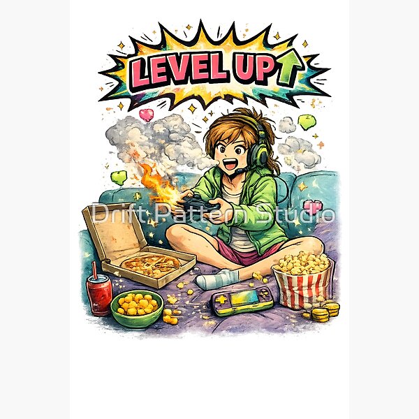 Level Up Gamer Girl Pizza Night Illustration from the Puns & Quotes collection
