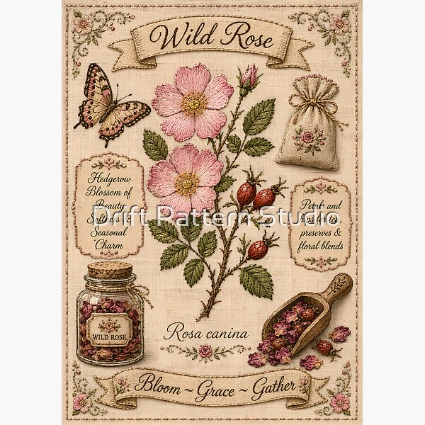 Wild Rose Vintage Embroidered Hedgerow Botanical from the Embroidered Herbarium collection