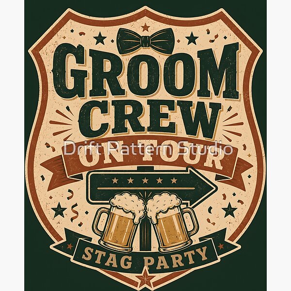 Groom Crew on Tour — Vintage Stag Party Badge — celebration and special occasion gift design by Drift Pattern Studio