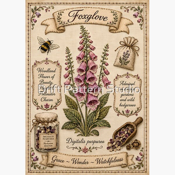 Foxglove Vintage Embroidered Woodland Botanical Art from the Embroidered Herbarium collection